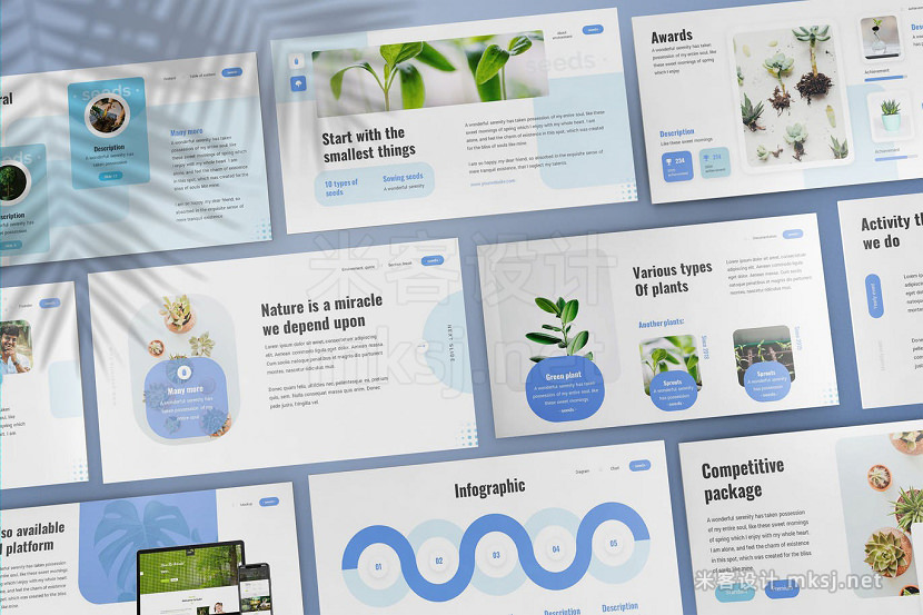 简约清新淡蓝色明暗背景室内盆栽植物主题幻灯演示keynote模板 米客设计