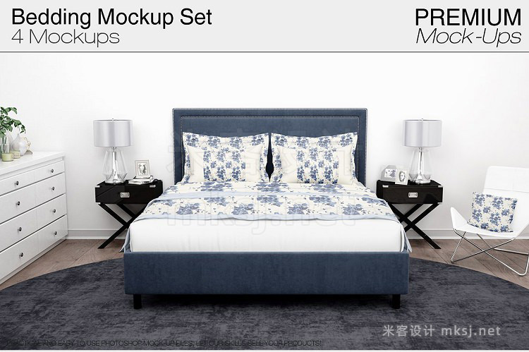 PSD卧室床上用品被套枕套VI贴图样机模型