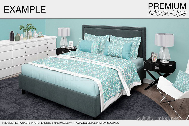 PSD卧室床上用品被套枕套VI贴图样机模型