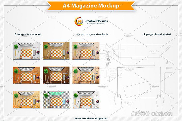 VI贴图 A4杂志办公电脑桌场景PS模型mockup样机