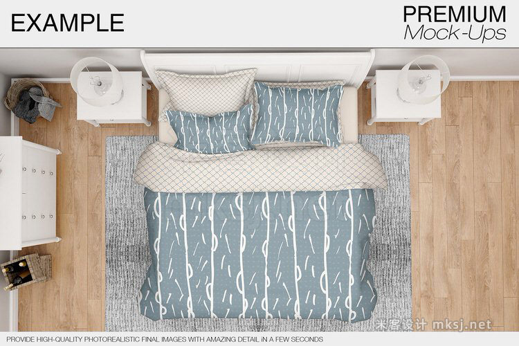 VI贴图 欧式简约风格卧房场景床上用品被套枕套PS模型mockup样机