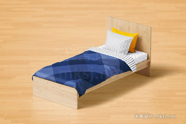 VI贴图 简易木床单人床枕头被子室内场景PS模型mockup样机