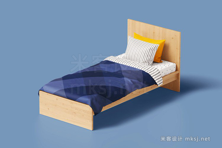 VI贴图 简易木床单人床枕头被子室内场景PS模型mockup样机