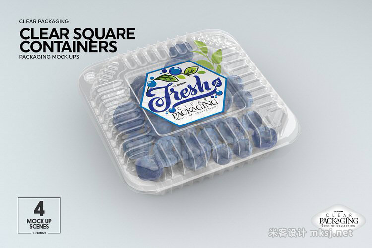 VI贴图 荔枝蓝莓水果透明方形塑料蛤壳包装PS模型mockup样机