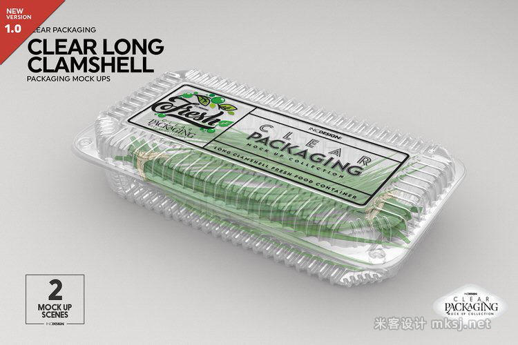 VI贴图 加长透明塑料蛤壳生鲜食物包装盒PS模型mockup样机