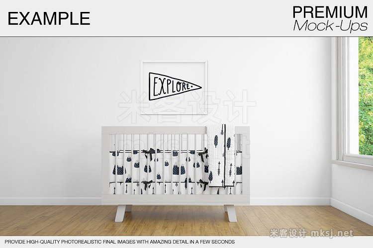 VI贴图 婴儿房婴儿床艺术墙相框场景PS模型mockup样机