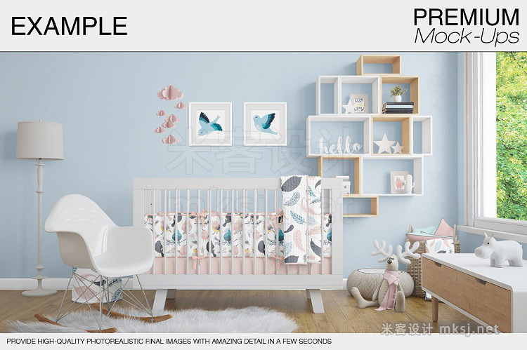 VI贴图 婴儿房婴儿床艺术墙相框场景PS模型mockup样机
