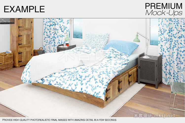 PSD床上用品枕头被套床单窗帘卧室木床场景样机贴图模板
