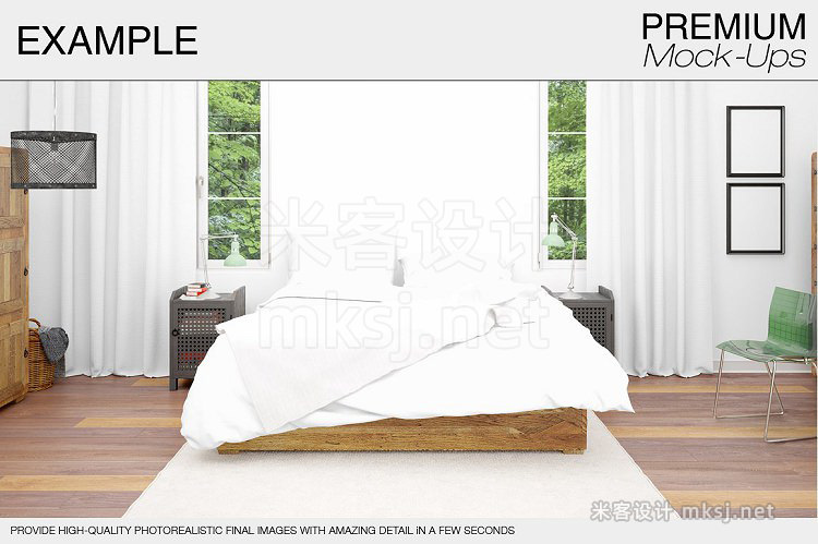 PSD床上用品枕头被套床单窗帘卧室木床场景样机贴图模板