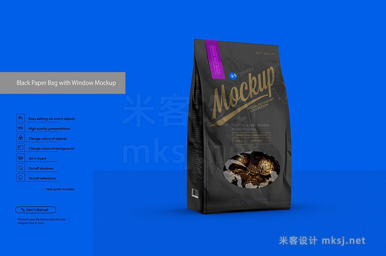 VI贴图 黑色零食咖啡纸袋包装PS模型mockup样机