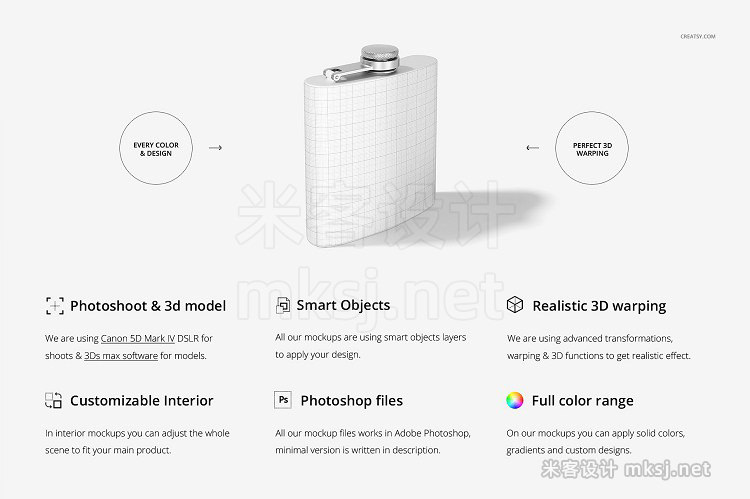 VI贴图 便携钢瓶酒壶酒瓶包装设计PS模型mockup样机