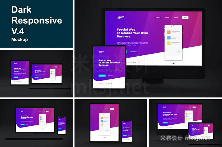 VI贴图 暗黑背景显示器平板手机响应式WEB网页设计展示PS样机
