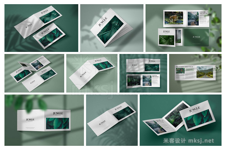 A4A5横板双折小册子传单PS样机 图形设计师印刷厂杂志广告的设计展示