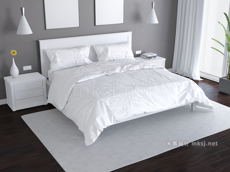 床上用品被套床单枕头毯子地毯相框卧房场景效果展示VI贴图PS样机
