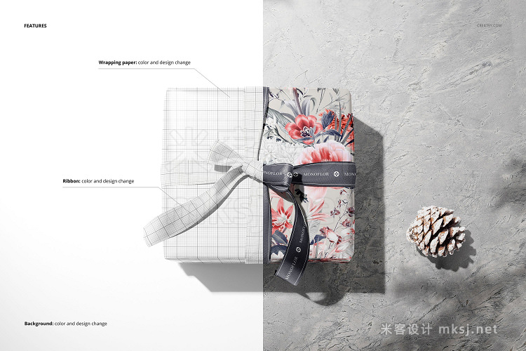 PS样机礼品盒包装纸丝带剪刀场景 Gift Box Wrapping Paper Mockup Set