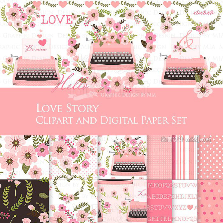 png素材 Love Story Pink ClipartPattern set