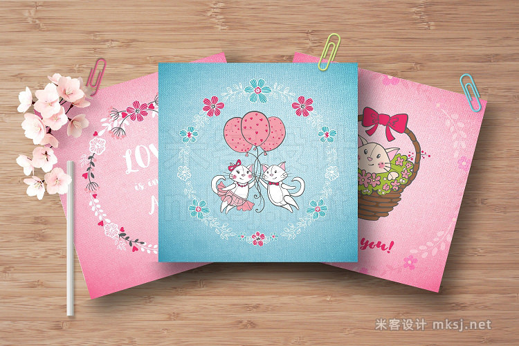 png素材 Romantic set with cats and flowers