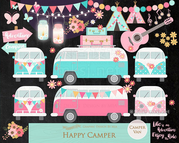 png素材 Camping Van Bug Bus Pink Blue