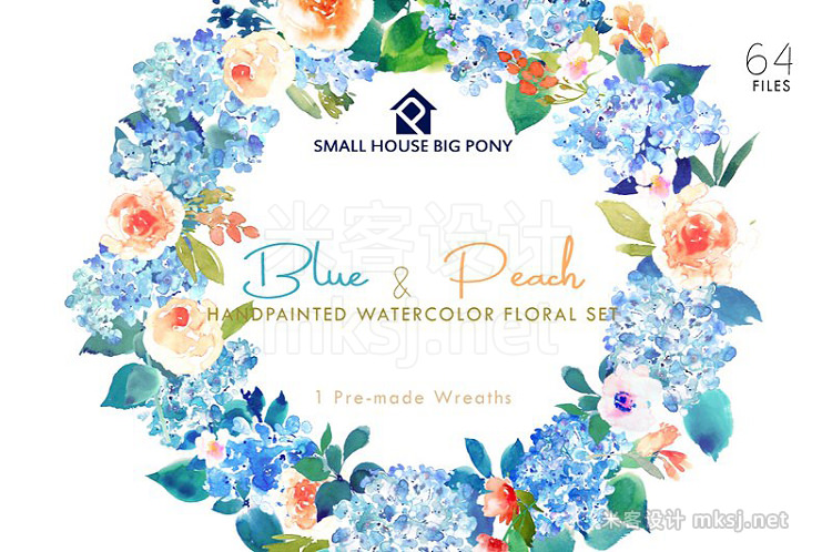 png素材 Blue Peach- Watercolor Floral Set