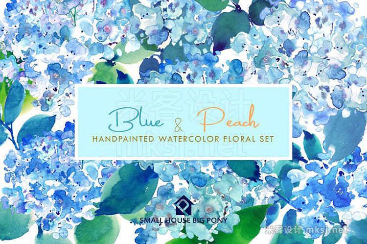 png素材 Blue Peach- Watercolor Floral Set