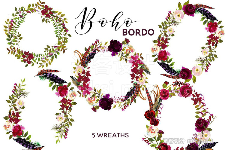 png素材 Boho Bordo Watercolor Flowers
