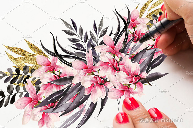 png素材 Magnolia Gold Blossom Watercolor Set