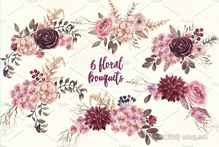 png素材 Watercolor Burgundy Floral Pack