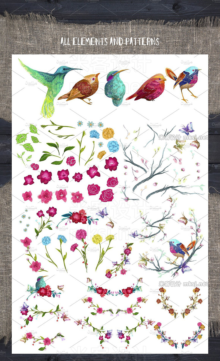 png素材 Embroidery flowers and birds