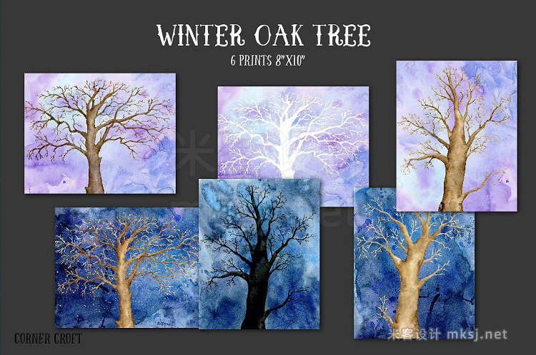 png素材 Watercolor Clipart Winter Oak Tree