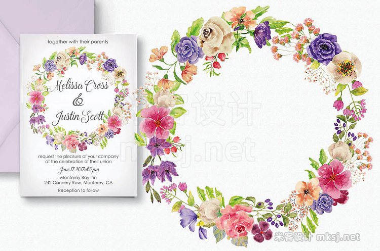 png素材 Watercolor wreath of mixed florals