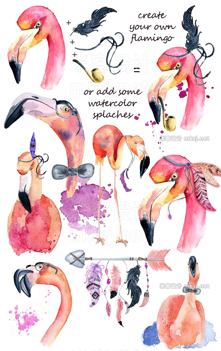 png素材 Boho flamingo Watercolor set