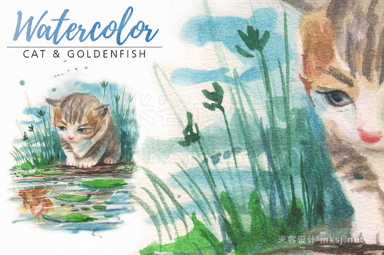 png素材 watercolor cat and goldenfish