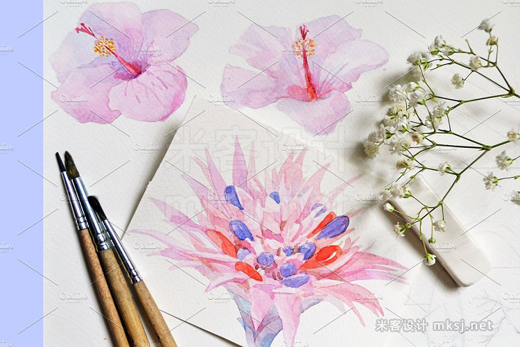 png素材 Watercolor pink tropical flowers