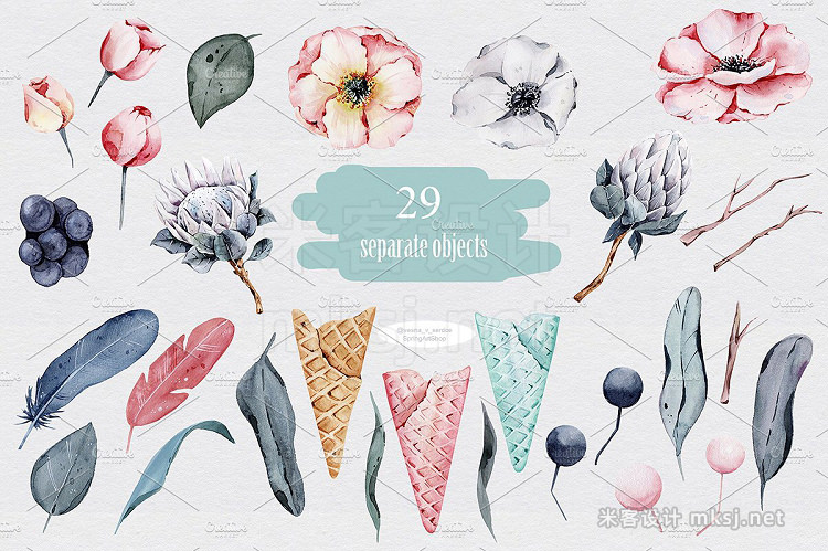png素材 Floral icecream big watercolor set