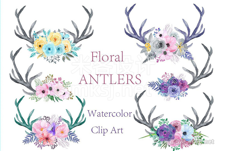 png素材 Watercolor floral antlers clipart