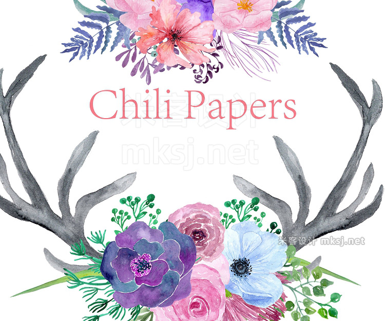 png素材 Watercolor floral antlers clipart