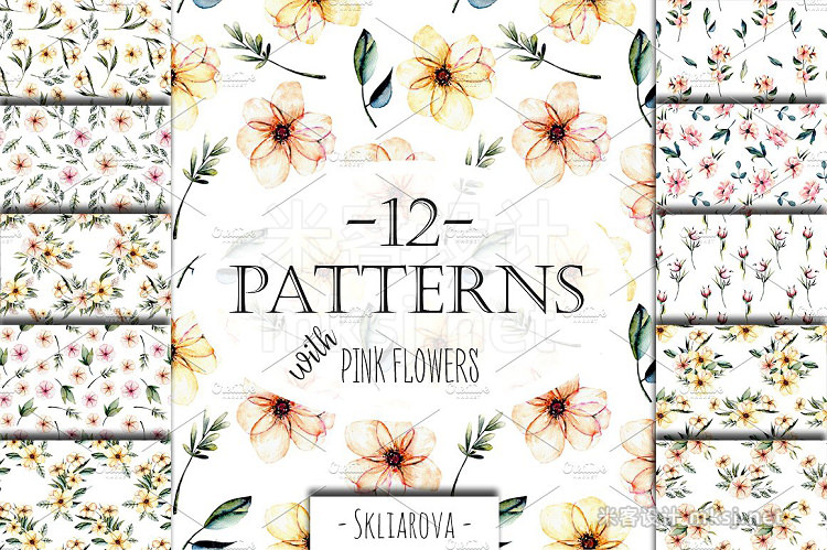 png素材 Pink watercolor flowers 12 Patterns