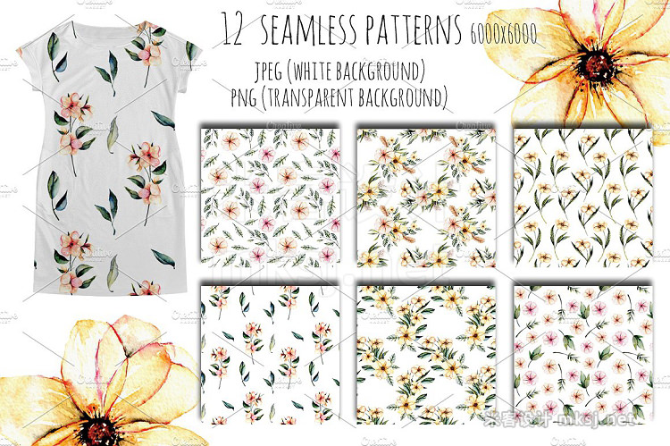 png素材 Pink watercolor flowers 12 Patterns