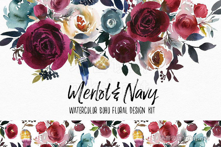 png素材 Merlot Navy Boho Floral Design Kit