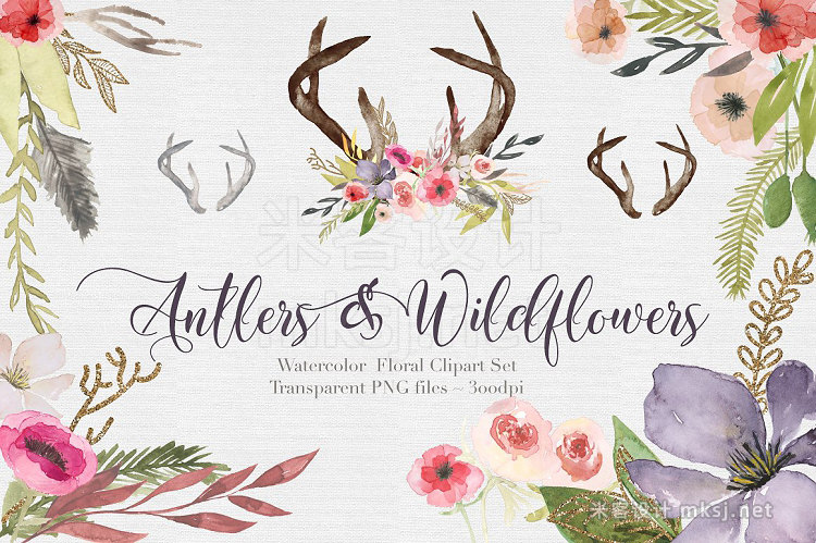 png素材 Antlers flowers Watercolor Clipart