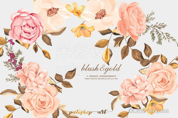 png素材 Watercolor Blush Gold Roses Clip Art