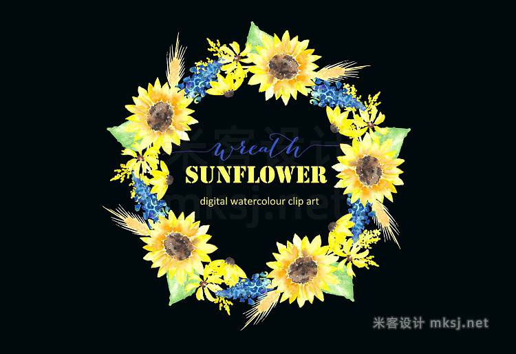 png素材 Sunflower wreath watercolor clipart