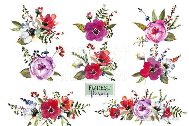png素材 Watercolor Pink Purple Florals Set