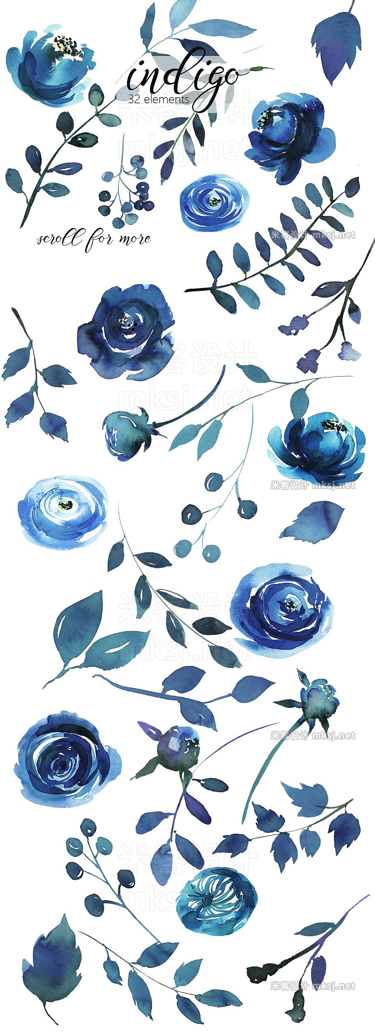 png素材 Indigo Blue Watercolor Flowers Set