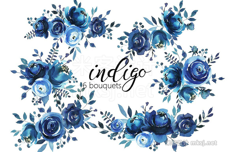 png素材 Indigo Blue Watercolor Flowers Set