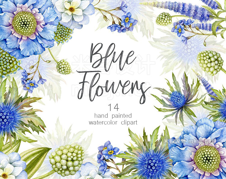 png素材 Blue Watercolor floral clipart PNG