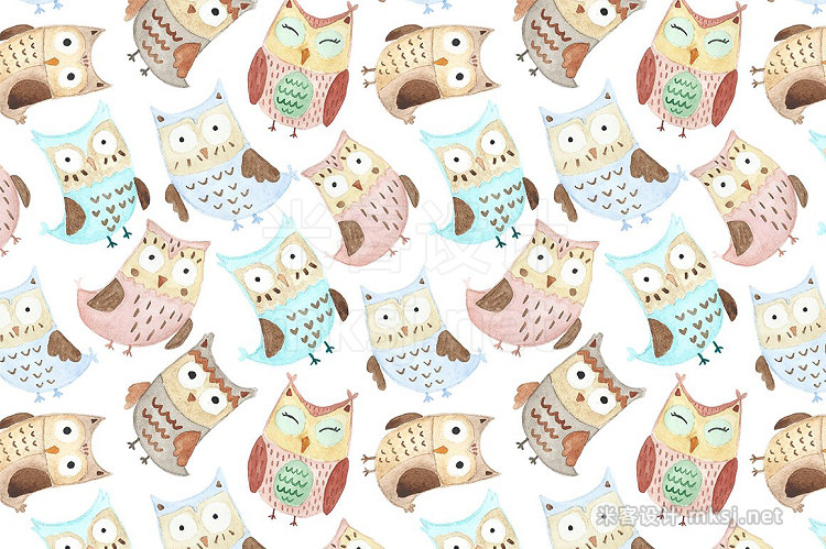 png素材 Watercolor Owls patterns cards