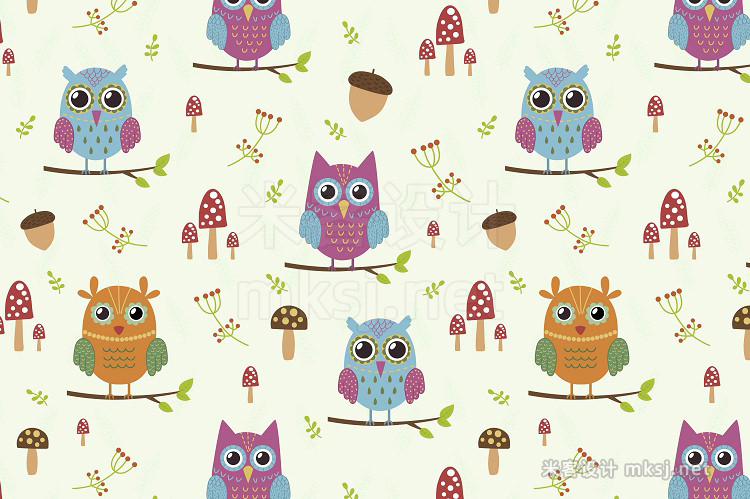 png素材 Funny Owls 4 seamless patterns