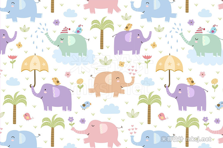 png素材 Elephants seamless patterns & clipart