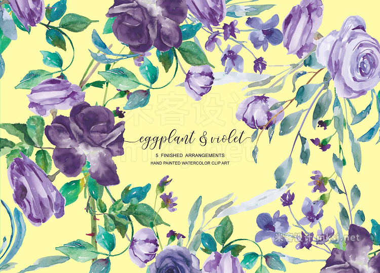 png素材 Watercolor Eggplant Roses Clip Art